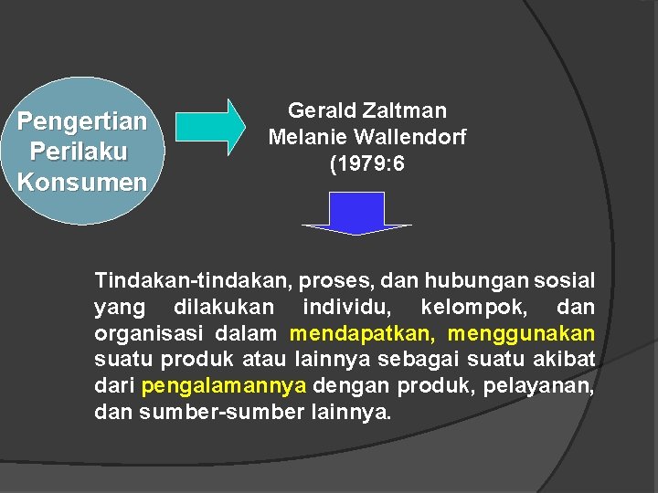 Pengertian Perilaku Konsumen Gerald Zaltman Melanie Wallendorf (1979: 6 Tindakan-tindakan, proses, dan hubungan sosial