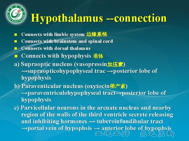 Hypothalamus --connection n Connects with limbic system 边缘系统 Connects with brainstem and spinal cord Hypothalamus --connection n Connects with limbic system 边缘系统 Connects with brainstem and spinal cord