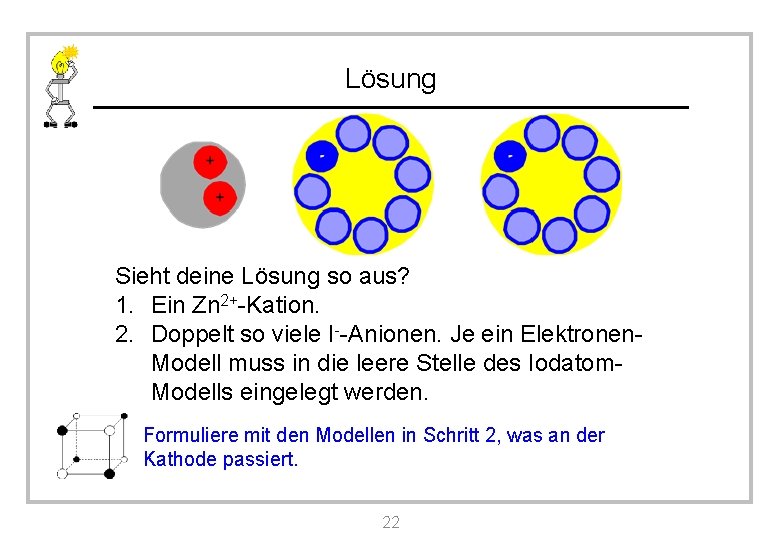 Lösung Sieht deine Lösung so aus? 1. Ein Zn 2+-Kation. 2. Doppelt so viele