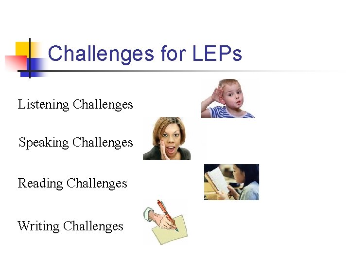 Challenges for LEPs Listening Challenges Speaking Challenges Reading Challenges Writing Challenges 