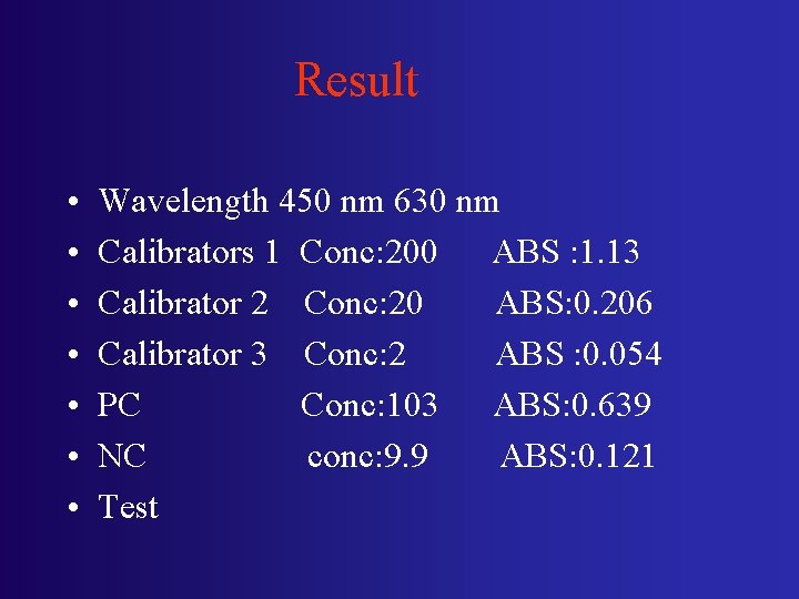Result • • Wavelength 450 nm 630 nm Calibrators 1 Conc: 200 ABS :