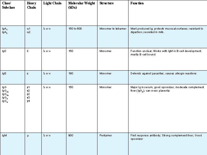 Class/ Subclass Heavy Chain Light Chain Molecular Weight (k. Da) Structure Function lg. A