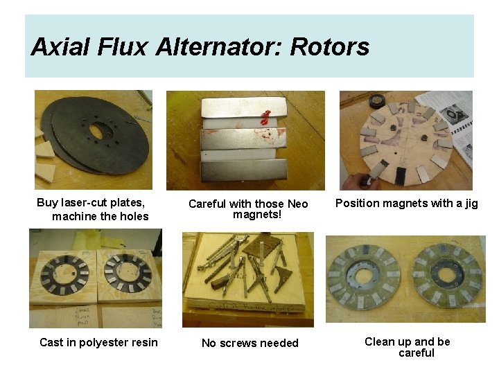 Axial Flux Alternator: Rotors Buy laser-cut plates, machine the holes Cast in polyester resin