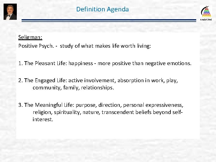 Definition Agenda Anvari. Net Seligman: Positive Psych. - study of what makes life worth