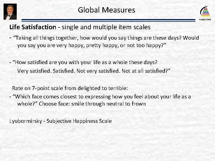 Global Measures Anvari. Net Life Satisfaction - single and multiple item scales - “Taking