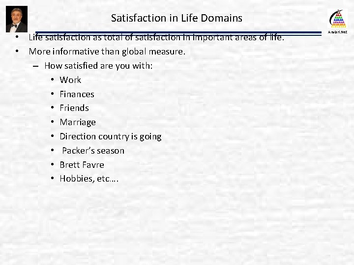 Satisfaction in Life Domains • Life satisfaction as total of satisfaction in important areas