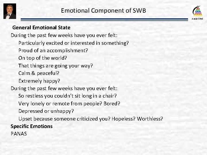 Emotional Component of SWB Anvari. Net General Emotional State During the past few weeks