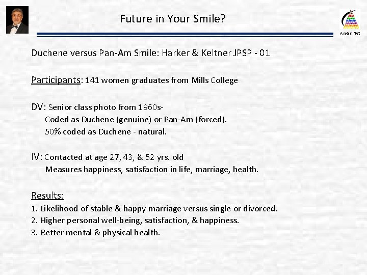 Future in Your Smile? Anvari. Net Duchene versus Pan-Am Smile: Harker & Keltner JPSP