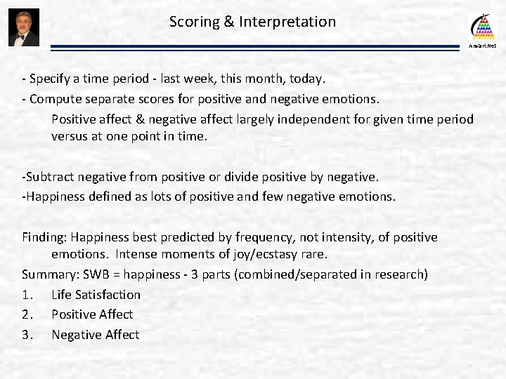 Scoring & Interpretation Anvari. Net - Specify a time period - last week, this