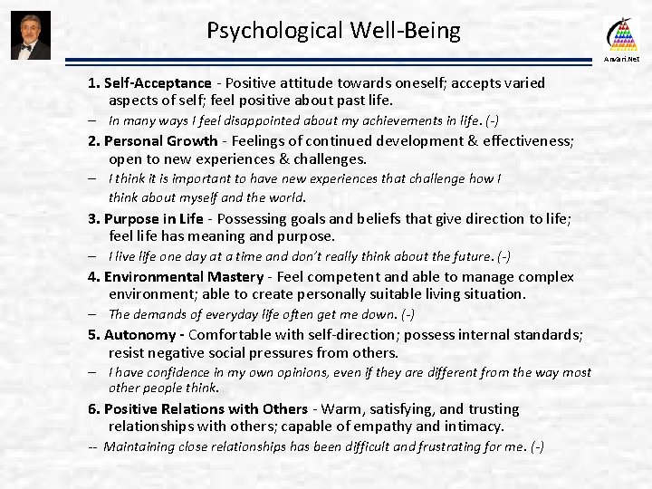 Psychological Well-Being Anvari. Net 1. Self-Acceptance - Positive attitude towards oneself; accepts varied aspects