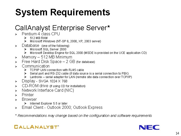 System Requirements Call. Analyst Enterprise Server* Ø Pentium 4 class CPU Ø Ø Ø