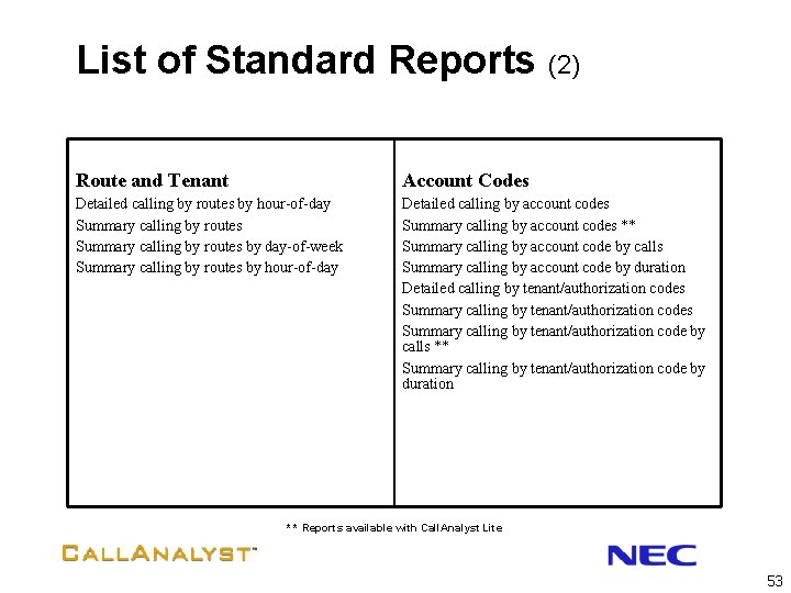 List of Standard Reports (2) Route and Tenant Account Codes Detailed calling by routes