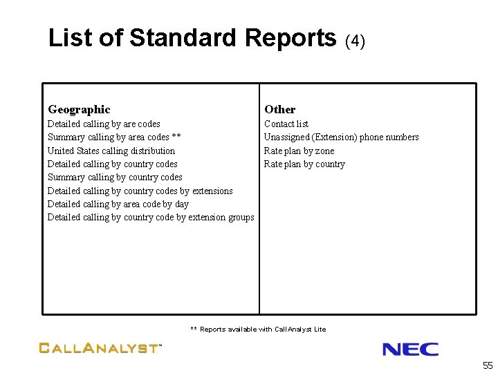 List of Standard Reports (4) Geographic Other Detailed calling by are codes Summary calling