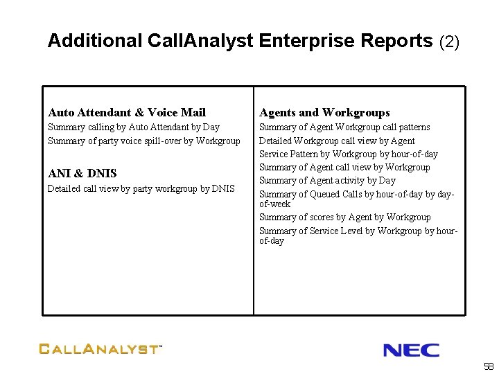 Additional Call. Analyst Enterprise Reports (2) Auto Attendant & Voice Mail Agents and Workgroups