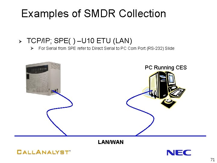 Examples of SMDR Collection Ø TCP/IP; SPE( ) –U 10 ETU (LAN) Ø For