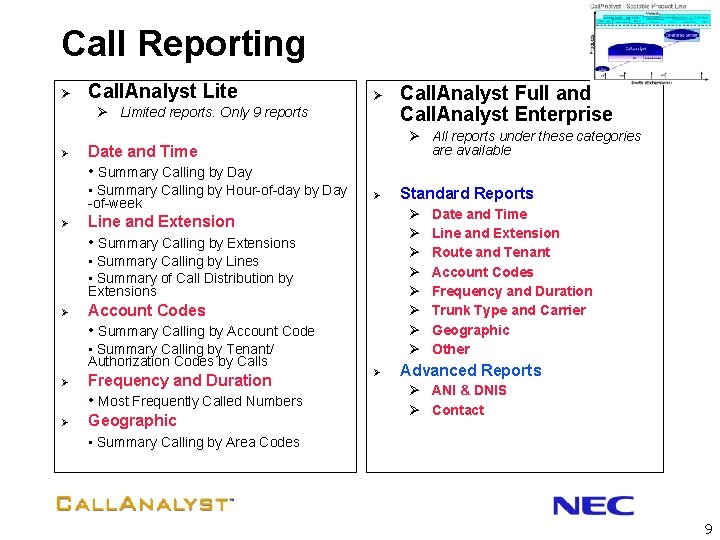 Call Reporting Ø Call. Analyst Lite Ø Ø Limited reports. Only 9 reports Ø