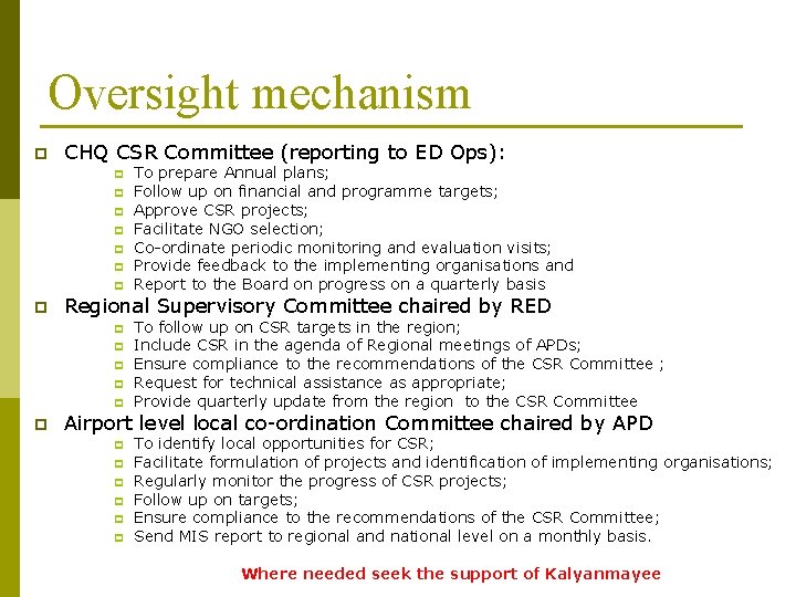 Oversight mechanism p CHQ CSR Committee (reporting to ED Ops): p p p p