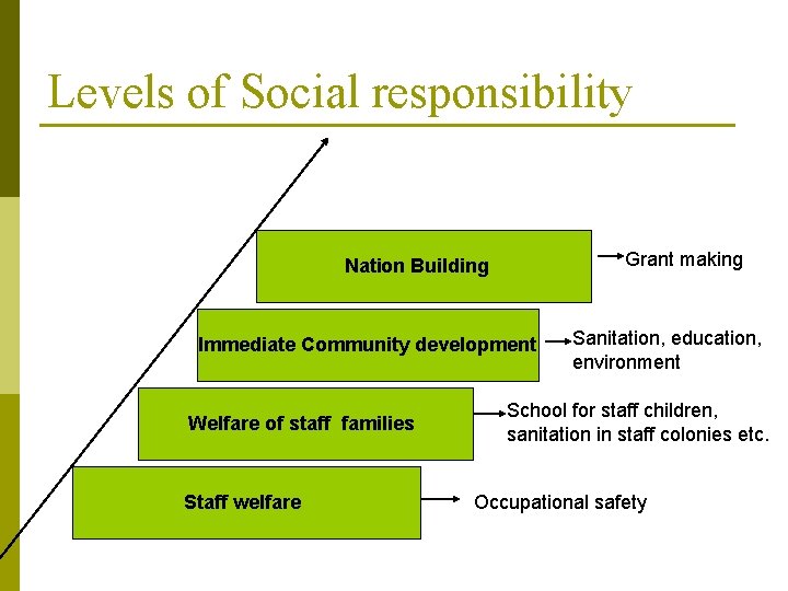 Levels of Social responsibility Grant making Nation Building Immediate Community development Welfare of staff