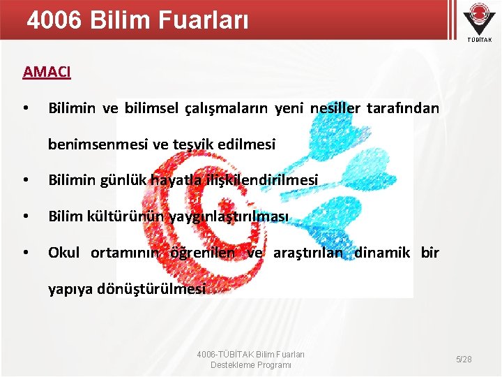 4006 Bilim Fuarları TÜBİTAK AMACI • Bilimin ve bilimsel çalışmaların yeni nesiller tarafından benimsenmesi 4006 Bilim Fuarları TÜBİTAK AMACI • Bilimin ve bilimsel çalışmaların yeni nesiller tarafından benimsenmesi