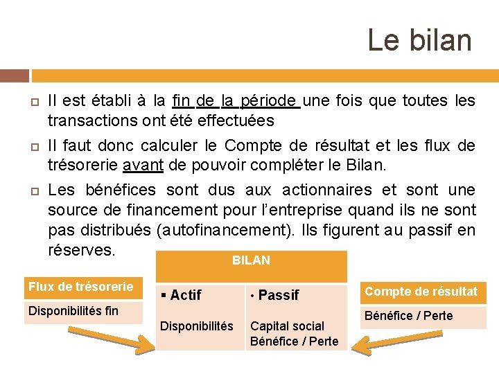 Le bilan Il est établi à la fin de la période une fois que