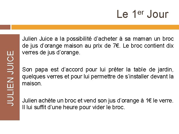 JULIEN JUICE Le er 1 Jour Julien Juice a la possibilité d’acheter à sa