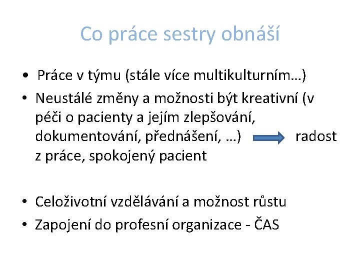 Co práce sestry obnáší • Práce v týmu (stále více multikulturním…) • Neustálé změny