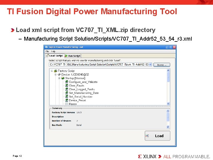 TI Fusion Digital Power Manufacturing Tool Load xml script from VC 707_TI_XML. zip directory