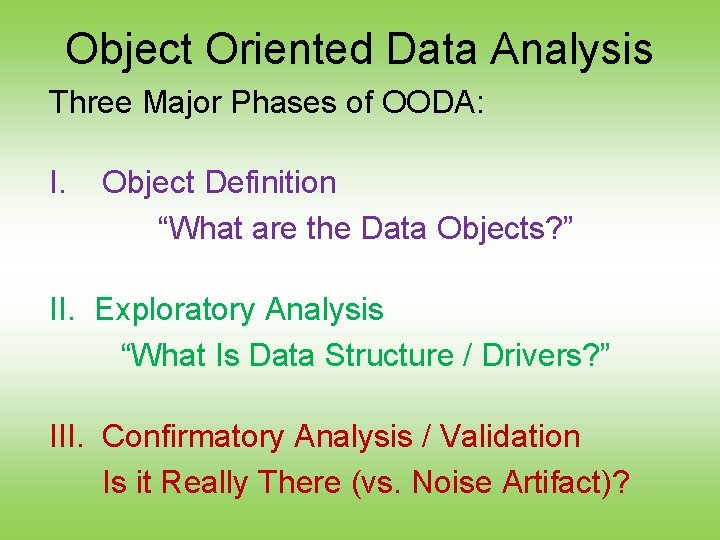 Object Oriented Data Analysis Three Major Phases of OODA: I. Object Definition “What are