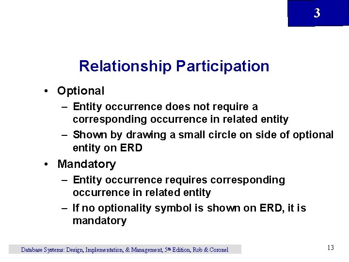 3 Relationship Participation • Optional – Entity occurrence does not require a corresponding occurrence