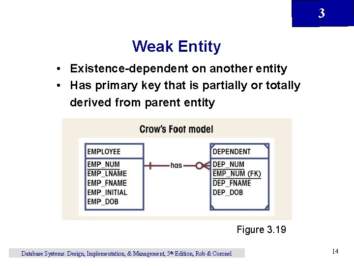 3 Weak Entity • Existence-dependent on another entity • Has primary key that is