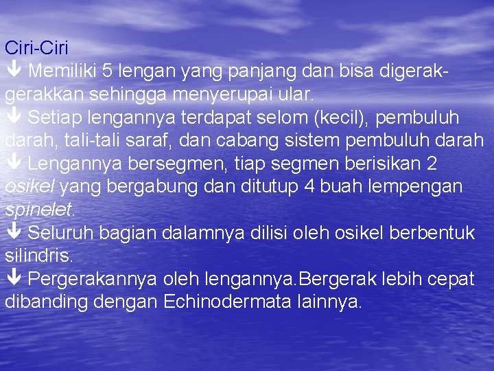 Ciri-Ciri Memiliki 5 lengan yang panjang dan bisa digerakkan sehingga menyerupai ular. Setiap lengannya