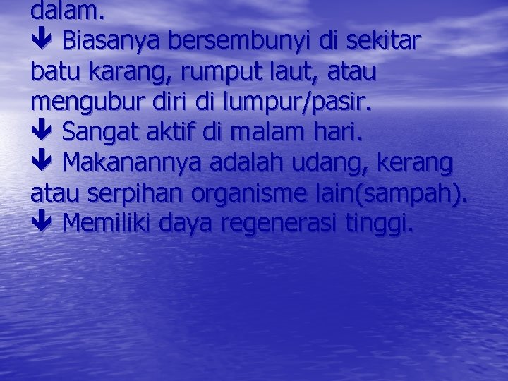 dalam. Biasanya bersembunyi di sekitar batu karang, rumput laut, atau mengubur diri di lumpur/pasir.