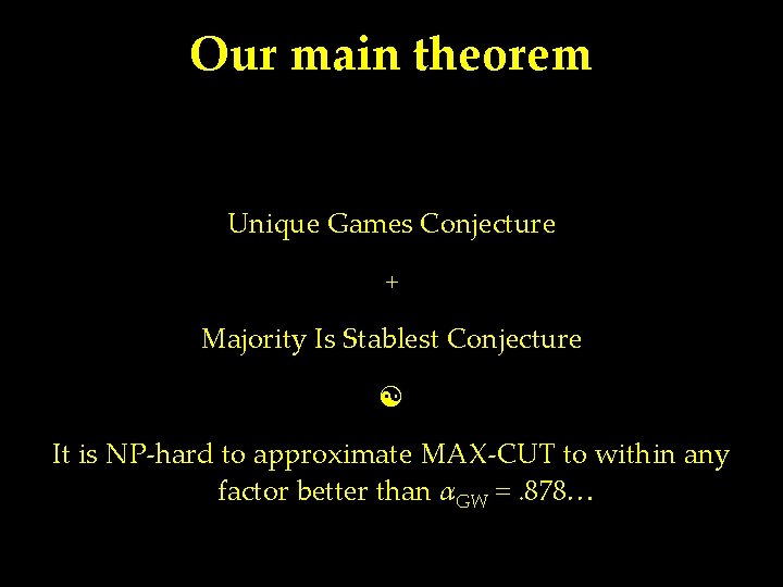 Our main theorem Unique Games Conjecture + Majority Is Stablest Conjecture It is NP-hard