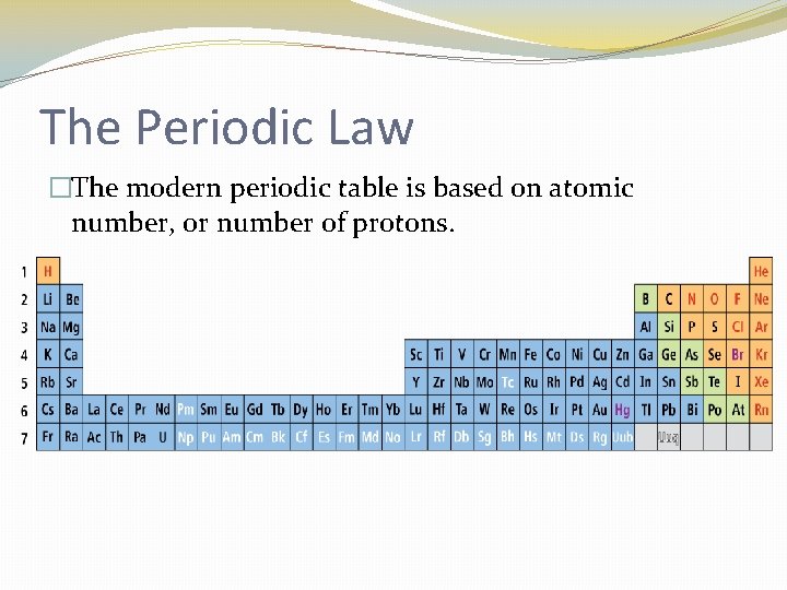 The Periodic Law �The modern periodic table is based on atomic number, or number