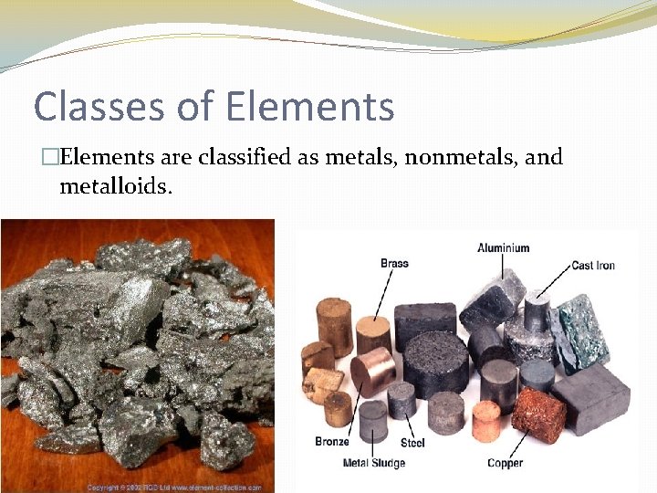 Classes of Elements �Elements are classified as metals, nonmetals, and metalloids. 