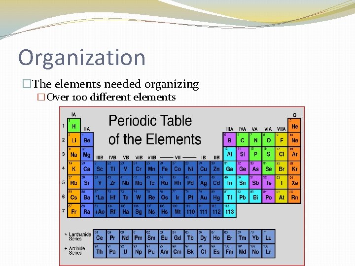 Organization �The elements needed organizing �Over 100 different elements 