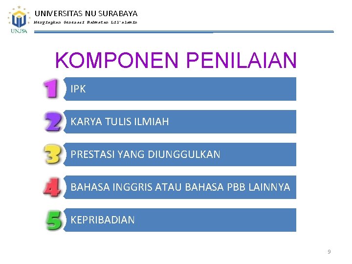 UNIVERSITAS NU SURABAYA Menyiapkan Generasi Rahmatan Lil’alamin KOMPONEN PENILAIAN IPK KARYA TULIS ILMIAH PRESTASI