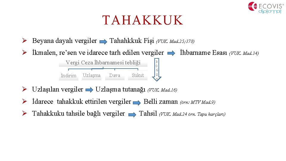 TAHAKKUK Ø Beyana dayalı vergiler Tahahkkuk Fişi (VUK. Mad. 25; 378) Ø İkmalen, re’sen