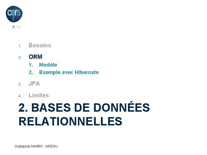 P. 11 1. Besoins 2. ORM 1. 2. Modèle Exemple avec Hibernate 3. JPA