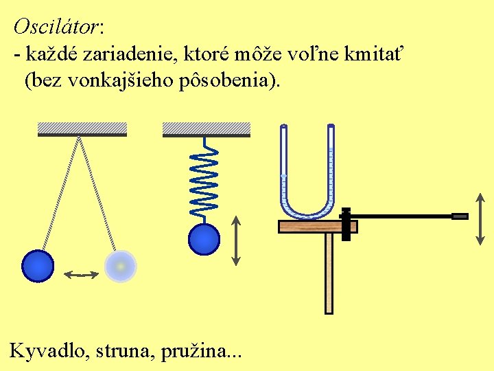 Oscilátor: - každé zariadenie, ktoré môže voľne kmitať (bez vonkajšieho pôsobenia). Kyvadlo, struna, pružina.