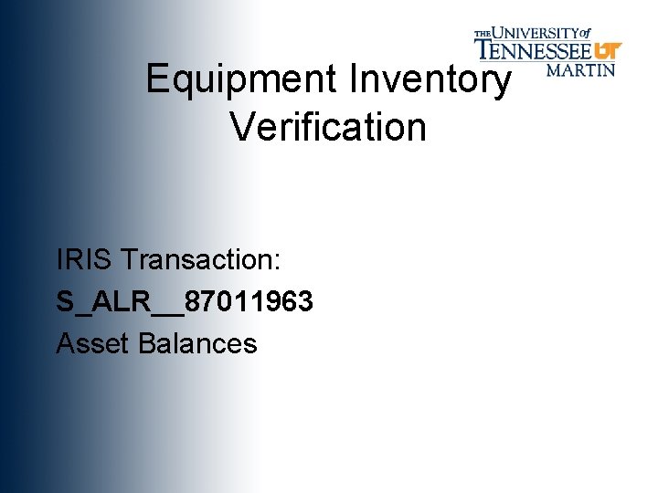 Equipment Inventory Verification IRIS Transaction: S_ALR__87011963 Asset Balances 