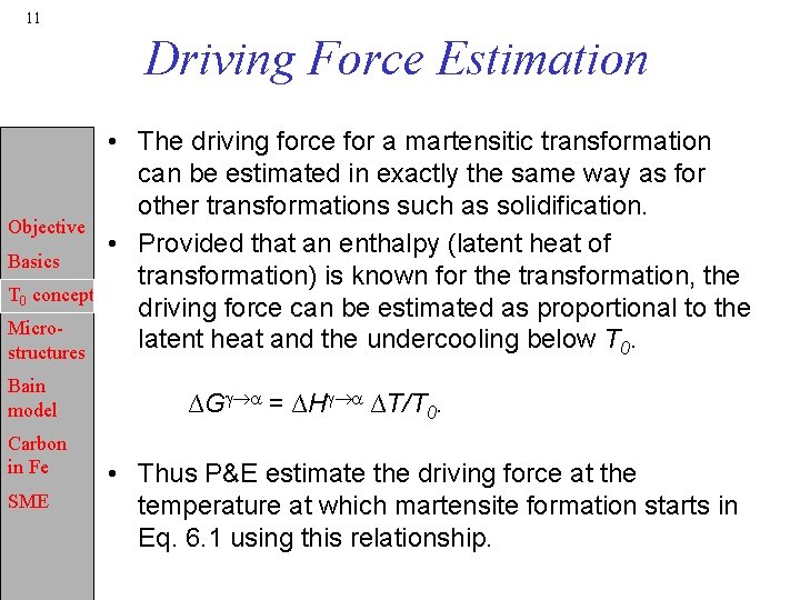 11 Driving Force Estimation Objective Basics T 0 concept Microstructures Bain model Carbon in