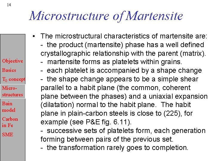 14 Microstructure of Martensite Objective Basics T 0 concept Microstructures Bain model Carbon in