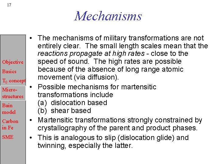 17 Mechanisms Objective Basics T 0 concept Microstructures Bain model Carbon in Fe SME
