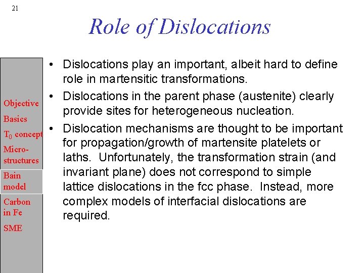 21 Role of Dislocations Objective Basics T 0 concept Microstructures Bain model Carbon in