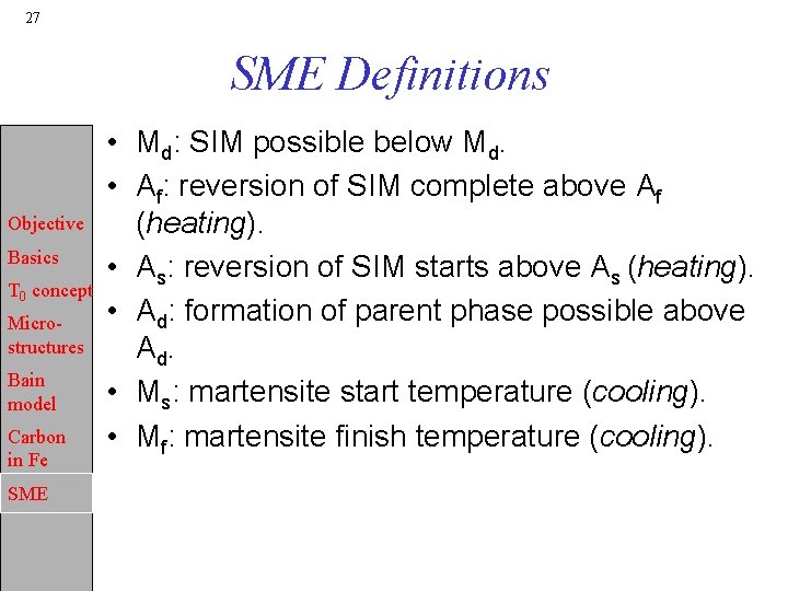 27 SME Definitions Objective Basics T 0 concept Microstructures Bain model Carbon in Fe