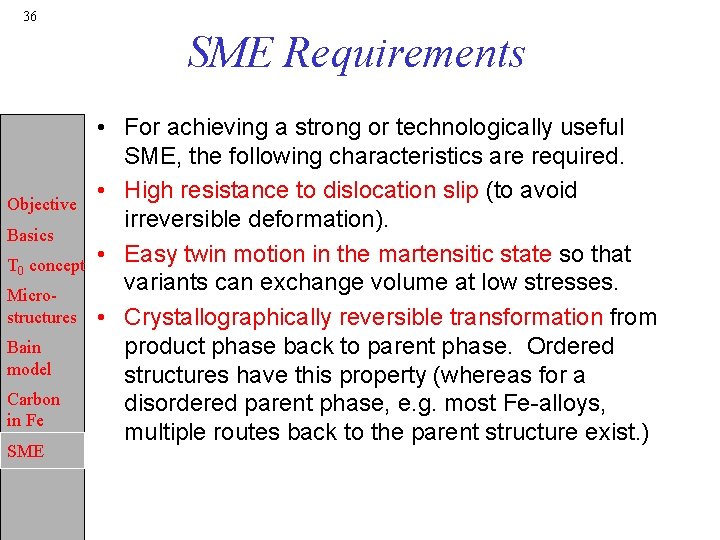 36 SME Requirements Objective Basics T 0 concept Microstructures Bain model Carbon in Fe