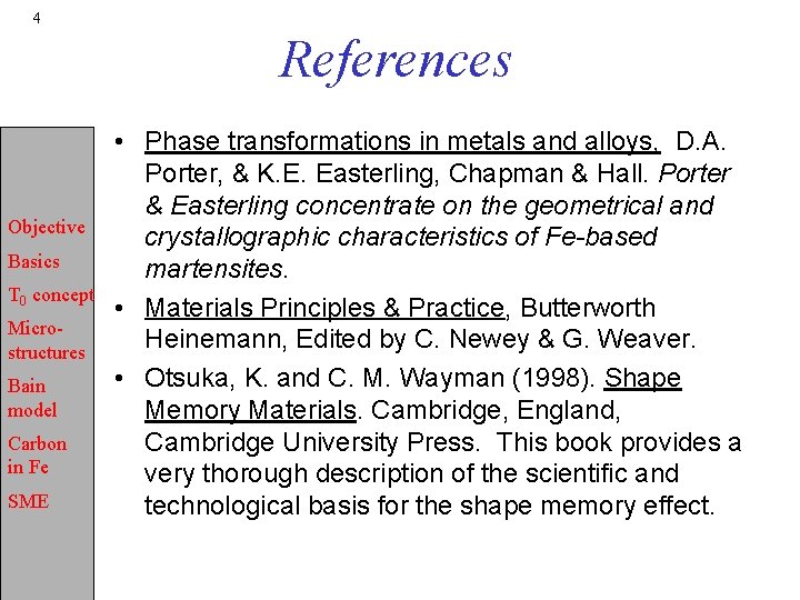 4 References Objective Basics T 0 concept Microstructures Bain model Carbon in Fe SME