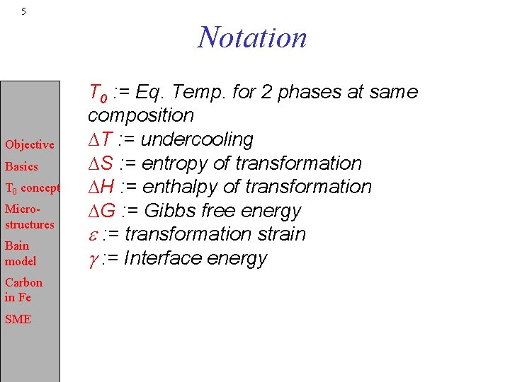 5 Notation Objective Basics T 0 concept Microstructures Bain model Carbon in Fe SME