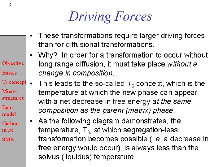 9 Driving Forces Objective Basics T 0 concept Microstructures Bain model Carbon in Fe